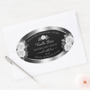 Floral Noir et Argent Étiquettes Roses blanches