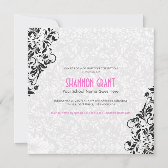 Floral noir et blanc Damas-Elegant Invitation Grad (Devant)