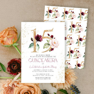 Floral Number 15 Burgundy Gold Quinceañera Einladung