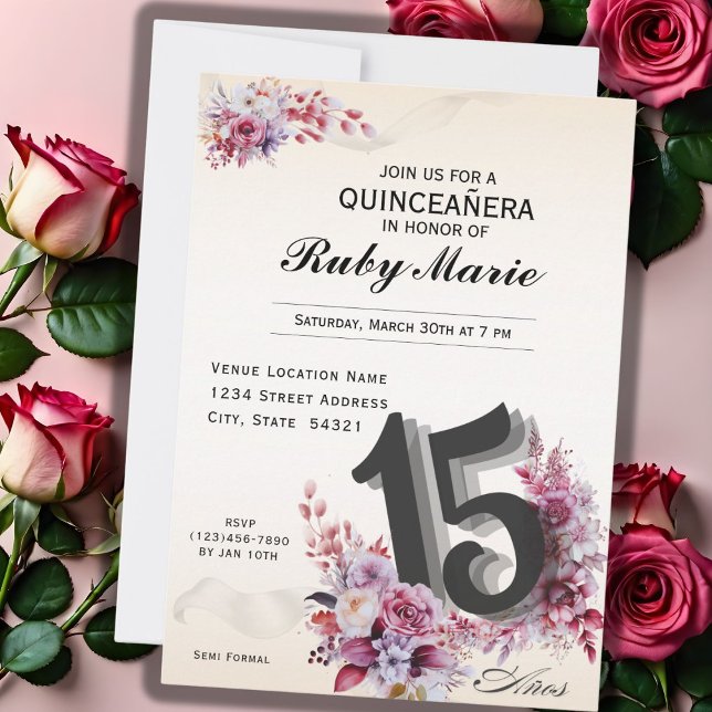 Floral Number 15 Rose Tones Quinceanera Invitation (Créateur téléchargé)