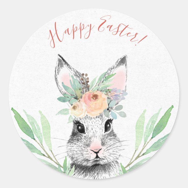 Floral Oaster Bunny Runder Aufkleber (Vorderseite)
