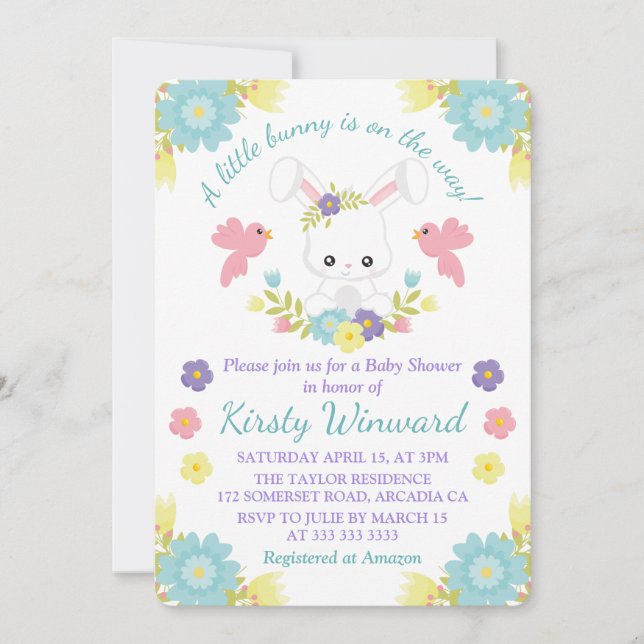 Floral Oaster Bunny & Spring Birds Babydusche Einladung (Vorderseite)