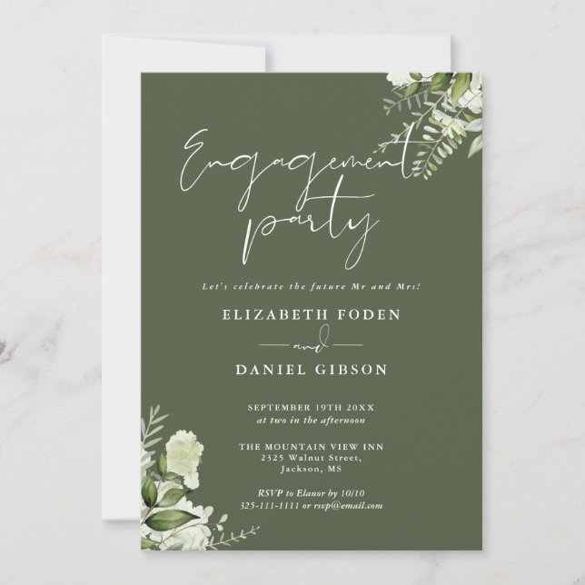 Floral Olive Green Script Engagement Party Einladung (Vorderseite)