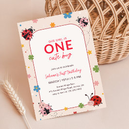 Floral One Cute Bug Ladybug 1st Birthday Party Einladung