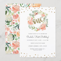 Floral One Wreath Gold Peach First Birthday