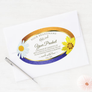 Floral Orange Blue Glitzer White Product Labels Ovaler Aufkleber