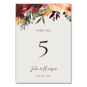 Floral Orange Bourgogne   Numéro de table beige