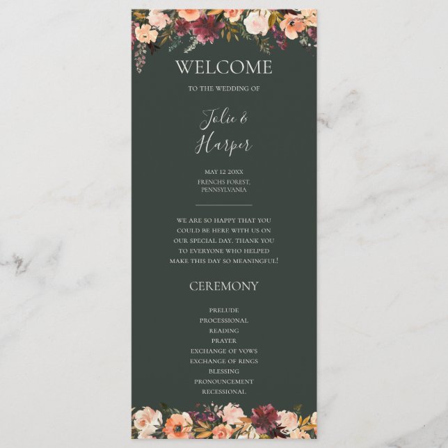 Floral Orange Bourgogne | Programme de mariage ver (Devant)