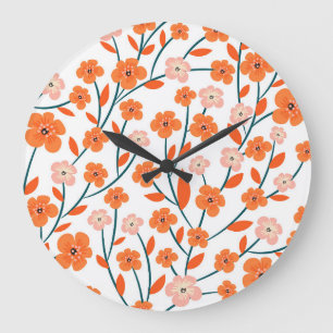 Floral Orange Pastell weiß Nahtlos Große Wanduhr