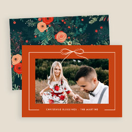 Floral Orange Ribbon Framed Photo Christmas  Feiertagskarte