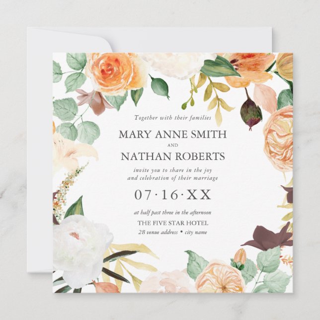 Floral Orange Später Sommer ALL IN ONE Wedding Inv Einladung (Vorderseite)