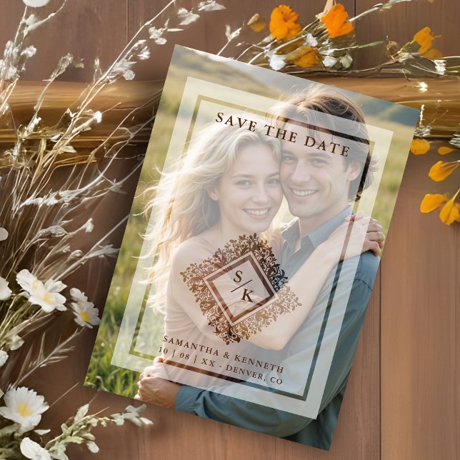 Floral Ornate Frame Diamond Shape Wedding Initials Magneteinladung (Floral Ornate Frame in Diamond Shape with Initials Photo Wedding Magnetic Save the Date Card.)