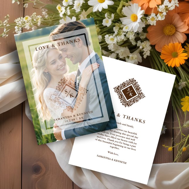 Floral Ornate Frame in Diamond Shape with Initials Dankeskarte (Floral Ornate Frame in Diamond Shape with Initials Photo Wedding Thank You Card with Vellum.)