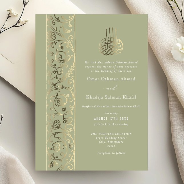 Floral Ornate Sage Green Gold Islamic Wedding Folieneinladung (Von Creator hochgeladen)