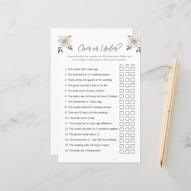 Floral "Over and Under" Bridal Shower Game (Vorderseite/Rückseite Beispiel)