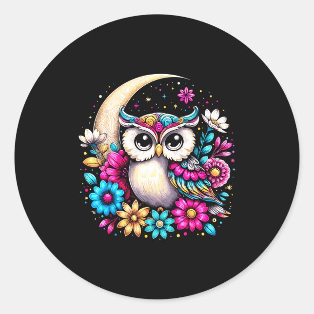 Floral Owl And Moon  Runder Aufkleber (Vorderseite)