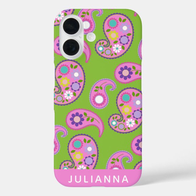 Floral Paisley Muster Pink Grün Personalisiert iPhone 16 Hülle (Rückseite)