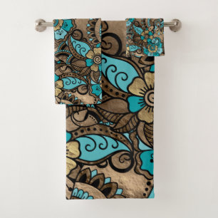 Floral Paisley Pattern - aquamarine und goldene Badhandtuch Set