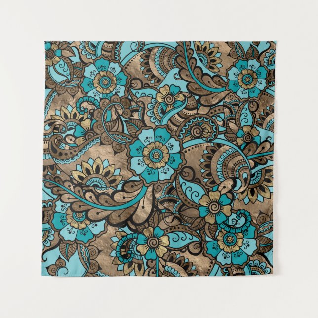 Floral Paisley Pattern - aquamarine und goldene Wandteppich (Vorderseite)