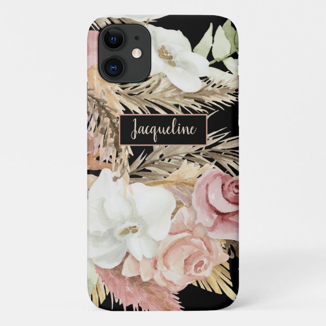 Floral Palm Pampas Gras Schwarzer Weiß Grün Name Case-Mate iPhone Hülle (Rückseite)