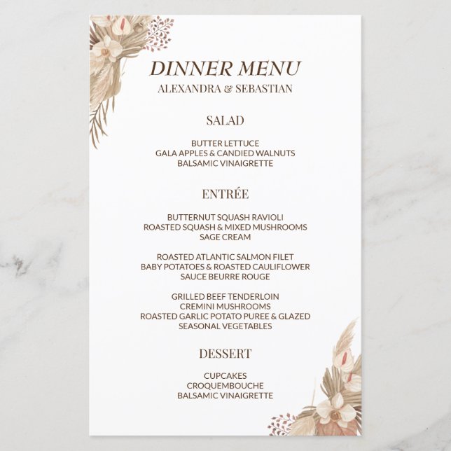 Floral Pampa Grass Mariage Dîner Menu (Devant)