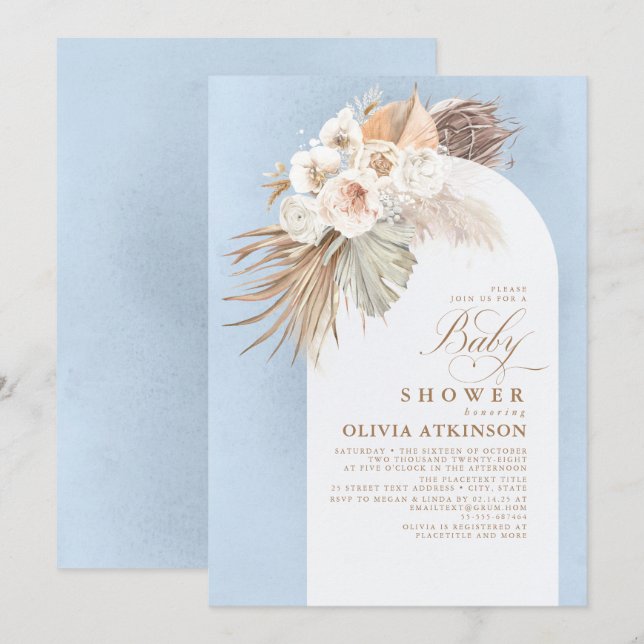 Floral Pampas Grass Boho Dusty Blue Baby Dusche Einladung (Vorne/Hinten)