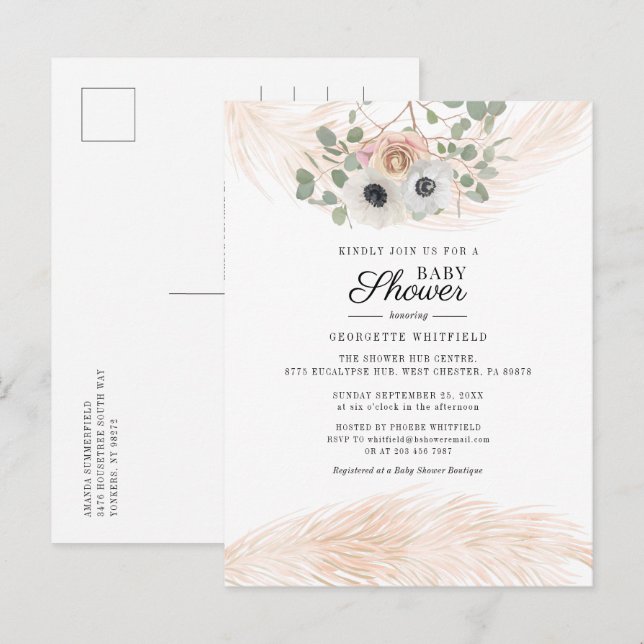 Floral Pampas Grass Girl Babydusche Einladungspostkarte (Vorne/Hinten)