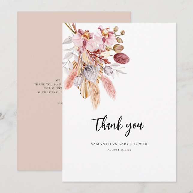 Floral Pampas Grass Watercolor Kinderdusche Dankeskarte (Vorne/Hinten)