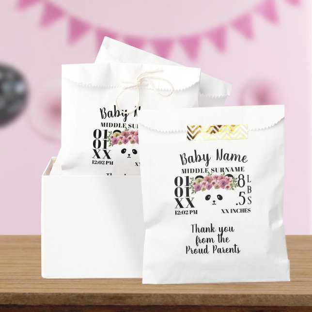Floral Panda Bear Girl Baby Birth Stats 50 Pack Geschenktütchen (Cute panda birth stats paper bags just for you. Add your little one's stats)