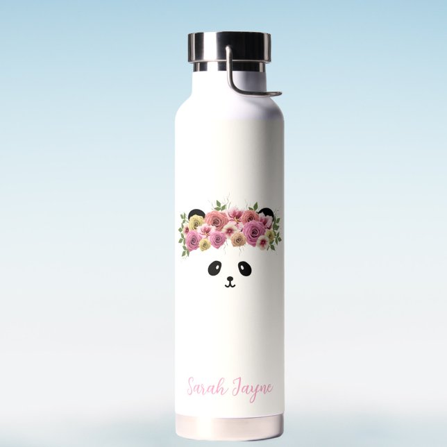 Floral Panda Bear Girl Nom personnalisé Bouteille  (Pretty White panda water bottle with space for your name)