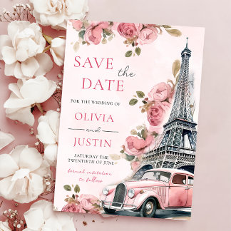 Floral Paris Eiffel Tower Save the Date Einladung