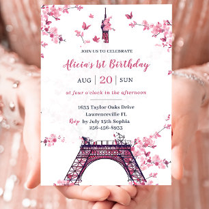 Floral Paris Eiffelturm 1. Geburtstag Party Einladung