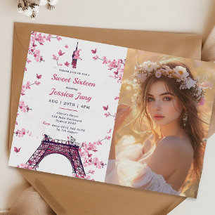 Floral Paris Eiffelturm Sweet 16 Geburtstag Foto Einladung