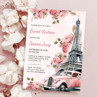 Floral Paris Eiffelturm Sweet 16 Geburtstagsparty Einladung
