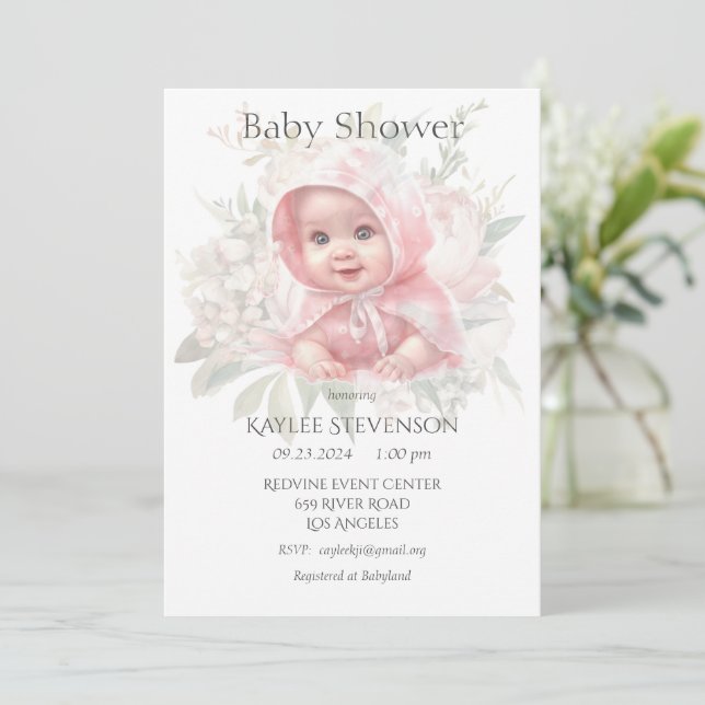 Floral Pastel Baby Dusche Mädchen Einladung (Stehend Vorderseite)