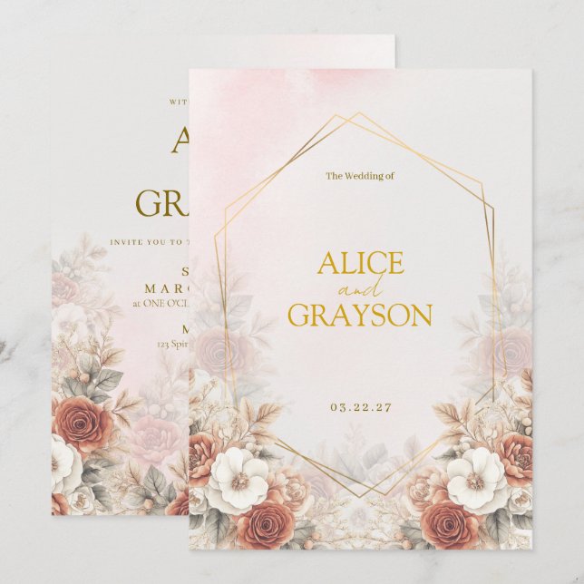Floral Pastel Elegant Boho Watercolor Wedding  Einladung (Vorne/Hinten)