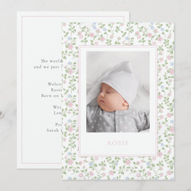 Floral Pastel Rose Baby Birth Foto Ankündigung (Vorne/Hinten)