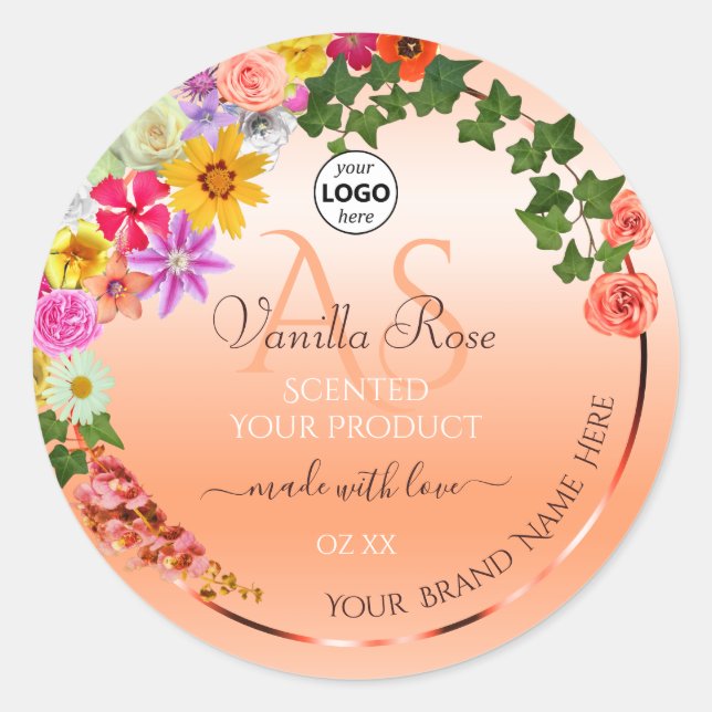 Floral Pastel Saumon Produit Étiquettes Monogramme (Devant)