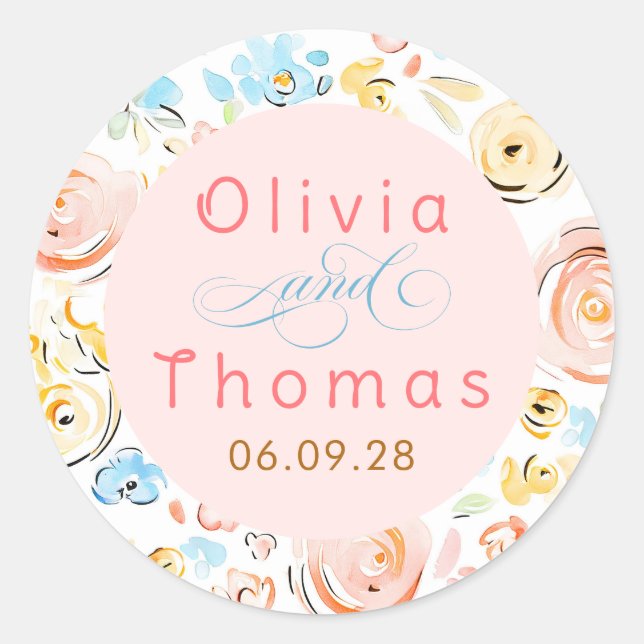 Floral Pastel Whimsical Elegant Wedding Runder Aufkleber (Vorderseite)