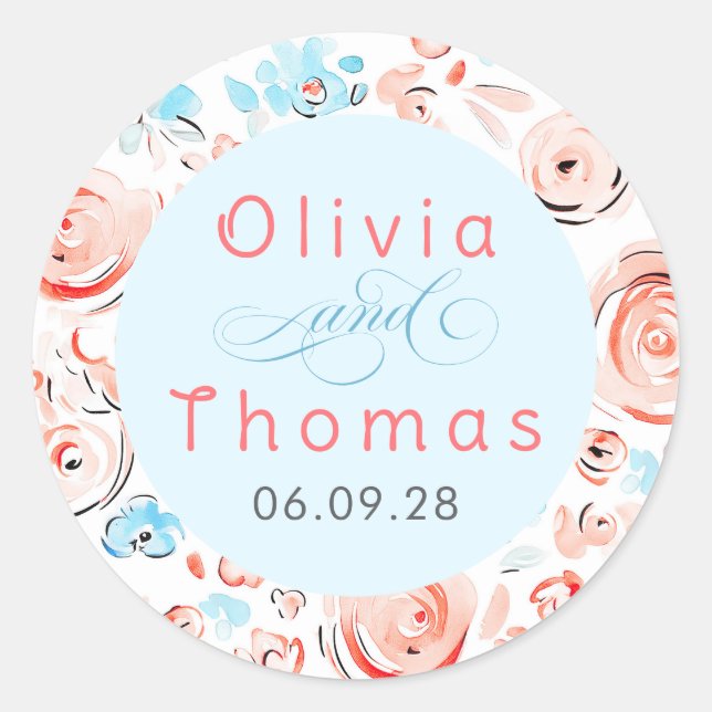 Floral Pastel Whimsical Elegant Wedding Runder Aufkleber (Vorderseite)