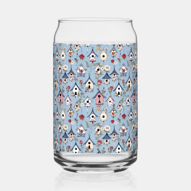 Floral Patchwork Birdhouses & Sky Blue Background Dosenglas (Vorderseite)