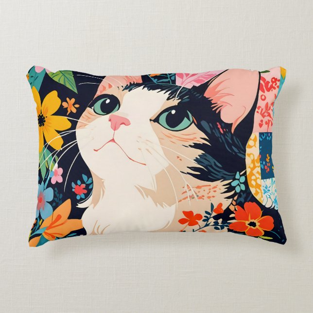 Floral Patchwork Cat Dekokissen (Vorderseite)