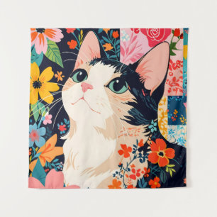 Floral Patchwork Cat Wandteppich