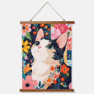 Floral Patchwork Cat Wandteppich Mit Holzrahmen