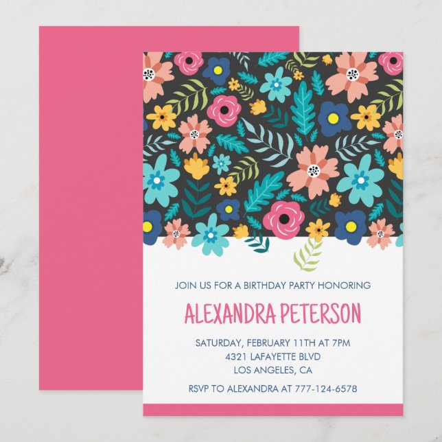 Floral Pattern 48e anniversaire invitations Pink (Devant / Derrière)