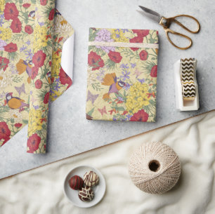 Floral Pattern Hydrangea Lilac Bluebell Birds Geschenkpapier