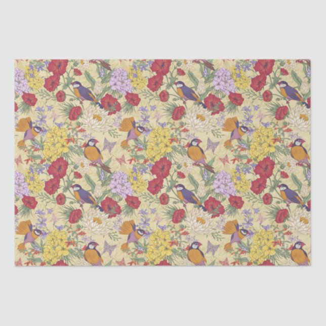 Floral Pattern Hydrangea Lilac Bluebell Birds Seidenpapier (Vorderseite)