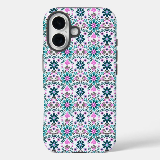 Floral Pattern in Hibiscus and Turquoise iPhone 16 Hülle (Rückseite)