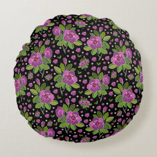 Floral Pattern Lilac Pink Green Black Rundes Kissen