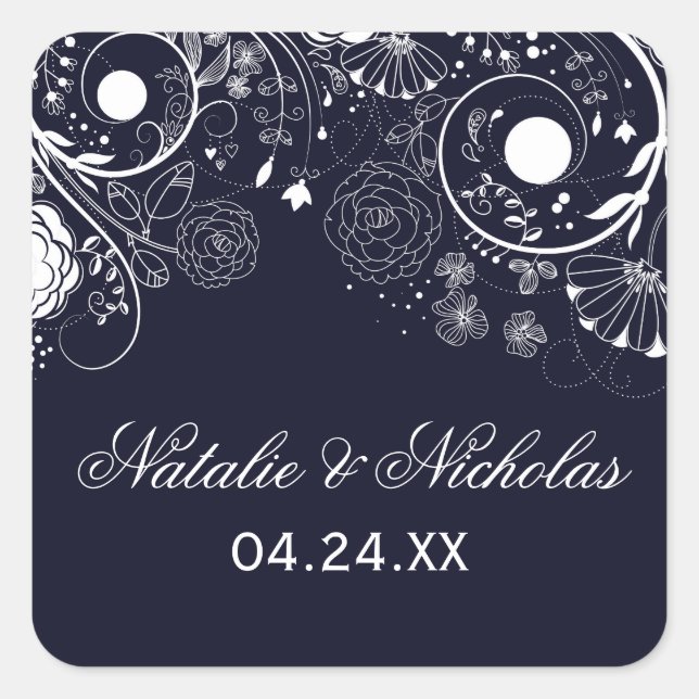 Floral Pattern Navy/White - Square Sticker (Vorderseite)